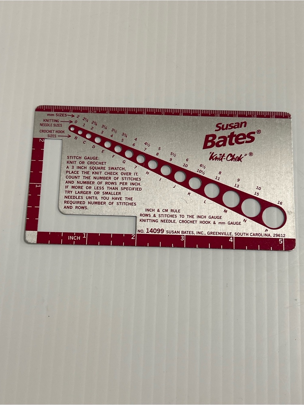 Susan Bates Knit-Chek Vintage Knitting Needles Gauge Stitch Measure #14099